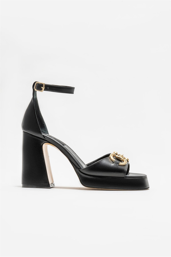 Siyah deri topuklu kadın sandalet - Elle Shoes