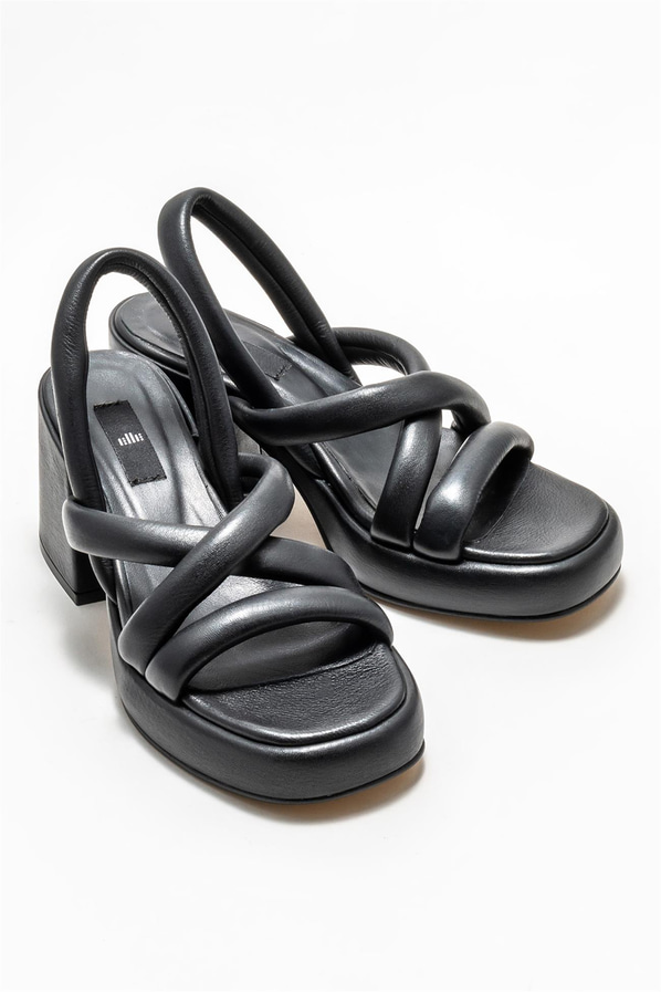 Siyah deri topuklu kadın sandalet - Elle Shoes