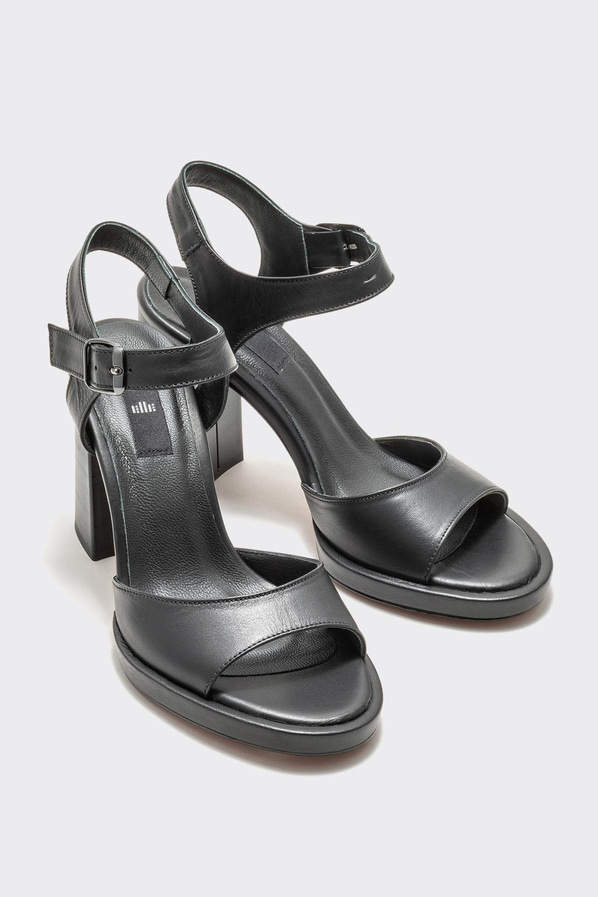 Siyah deri topuklu kadın sandalet - Elle Shoes