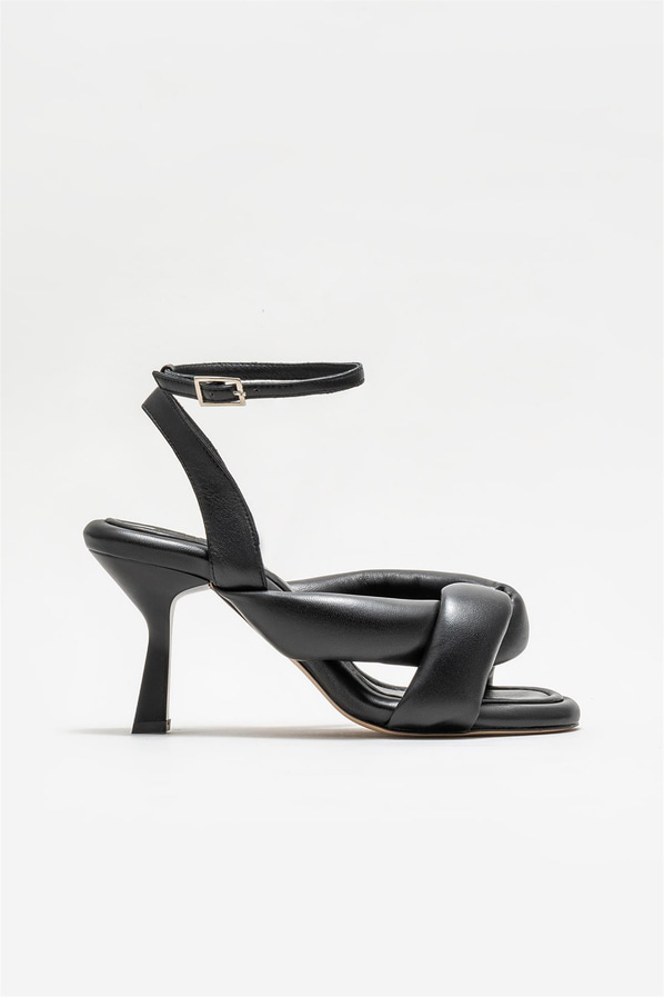 Siyah deri topuklu kadın sandalet - Elle Shoes