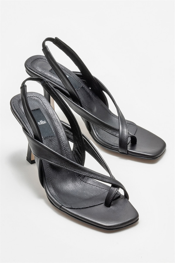 Siyah deri topuklu kadın sandalet - Elle Shoes