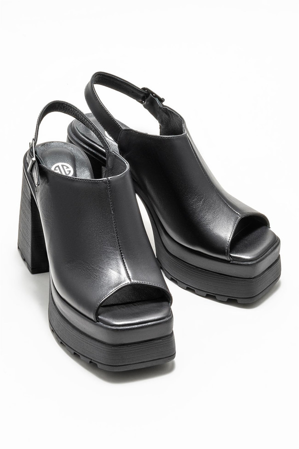 Siyah deri topuklu kadın sandalet - Elle Shoes