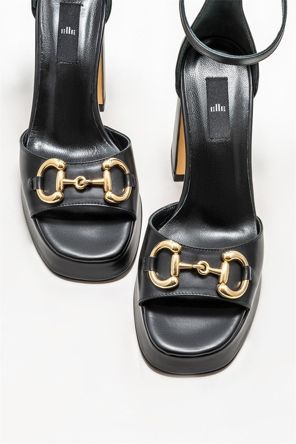Siyah deri topuklu kadın sandalet - Elle Shoes