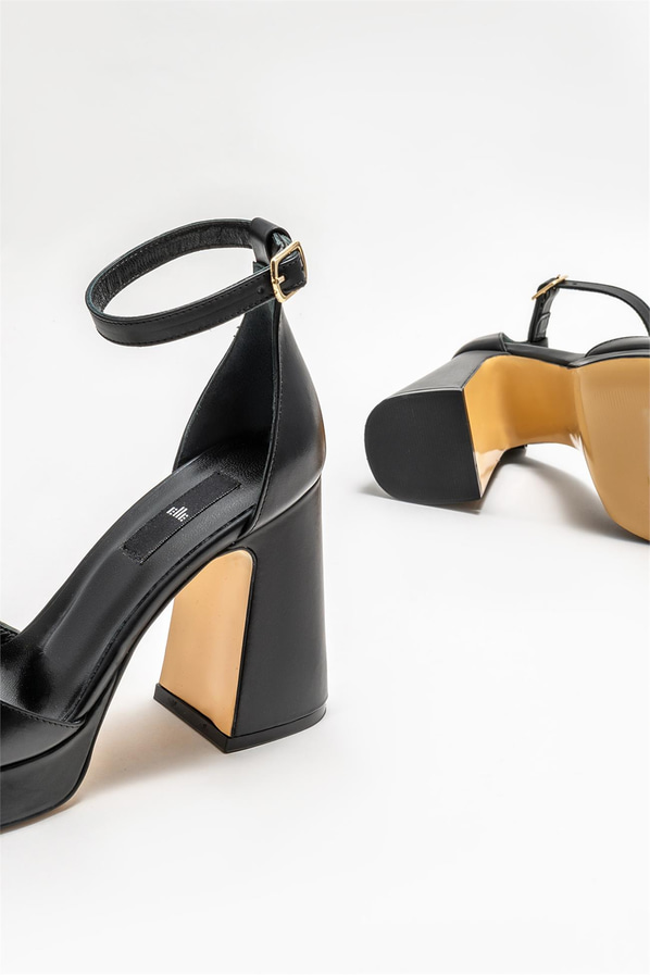 Siyah deri topuklu kadın sandalet - Elle Shoes