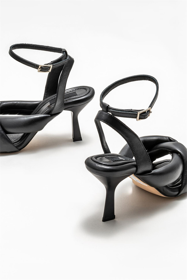 Siyah deri topuklu kadın sandalet - Elle Shoes