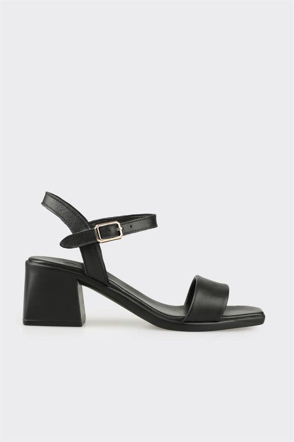 Siyah deri topuklu kadın sandalet - Elle Shoes