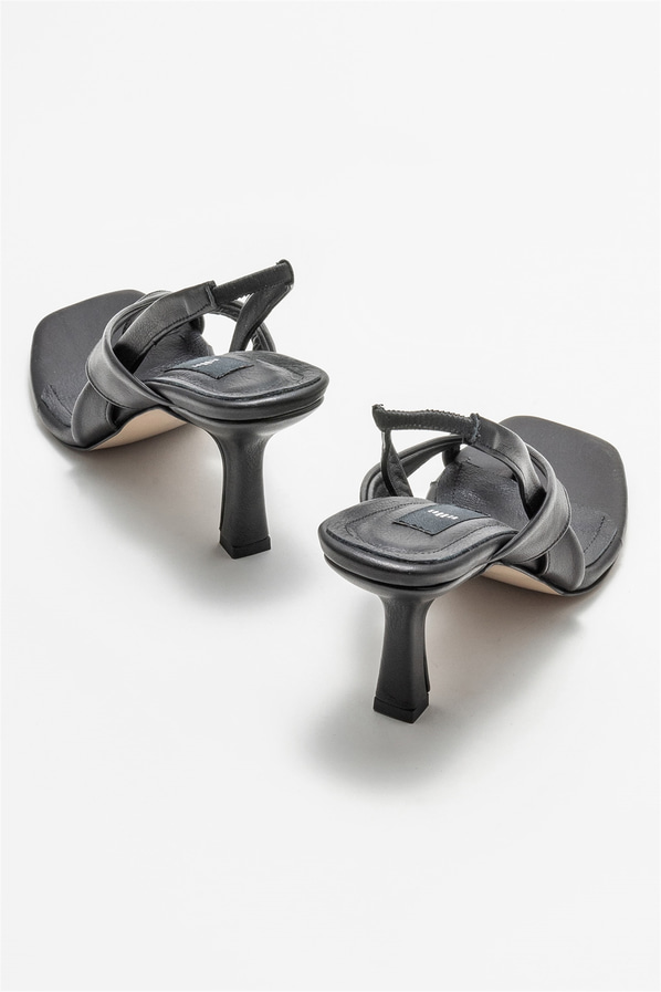 Siyah deri topuklu kadın sandalet - Elle Shoes