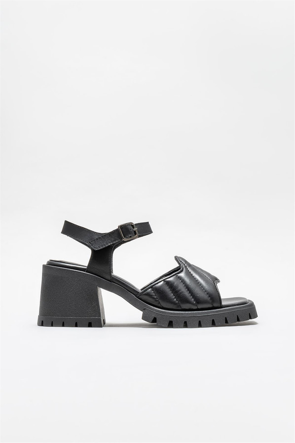 Siyah deri topuklu kadın sandalet - Elle Shoes
