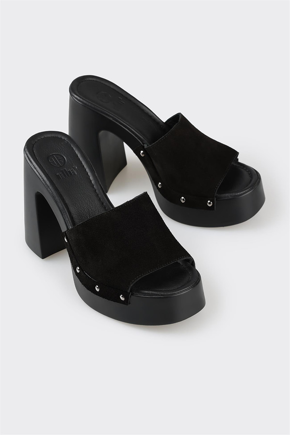 Siyah deri topuklu kadın terlik - Elle Shoes
