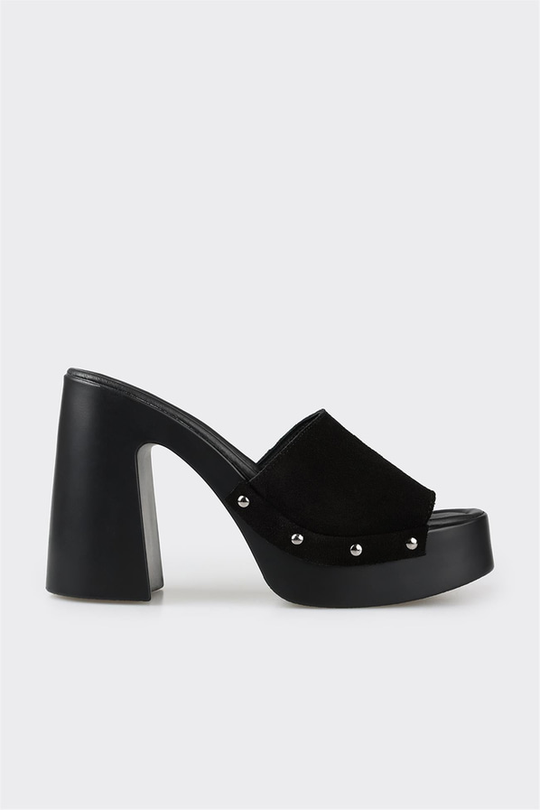 Siyah deri topuklu kadın terlik - Elle Shoes