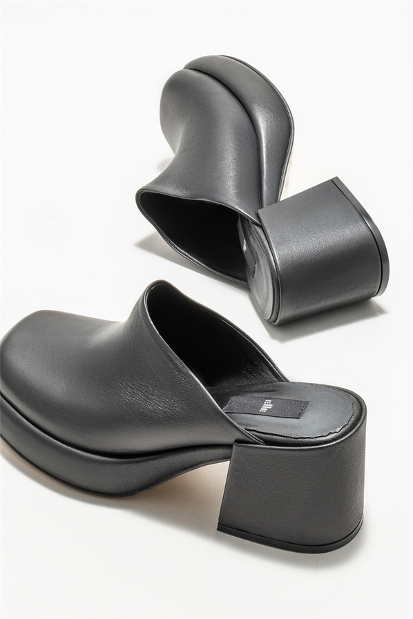 Siyah deri topuklu kadın terlik - Elle Shoes