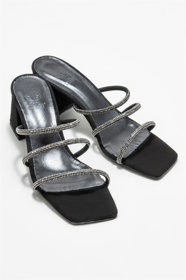 Siyah deri topuklu kadın terlik - Elle Shoes