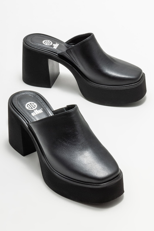 Siyah deri topuklu kadın terlik - Elle Shoes