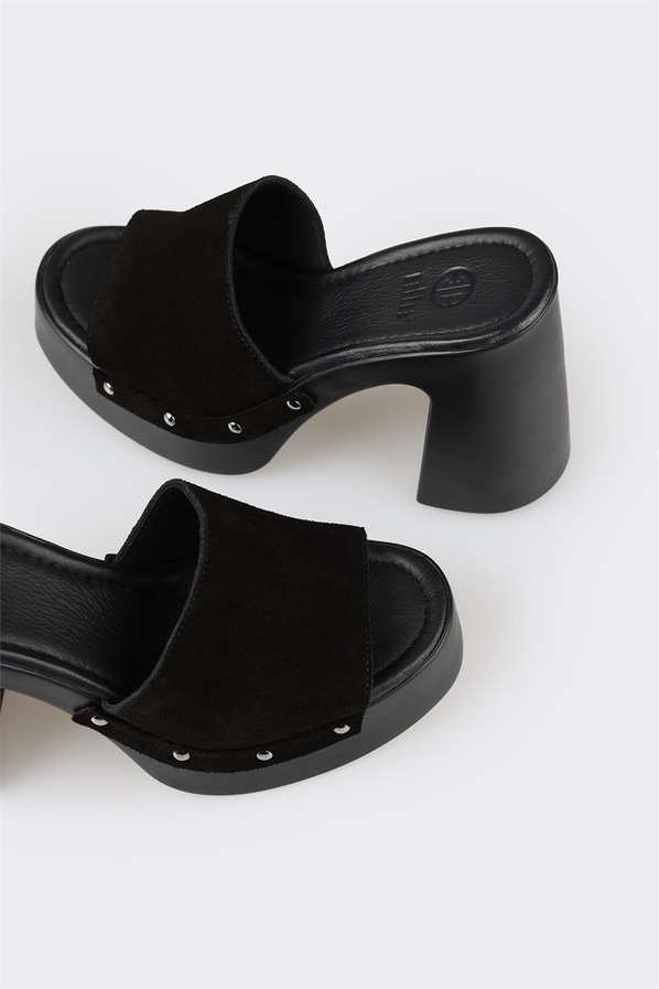 Siyah deri topuklu kadın terlik - Elle Shoes