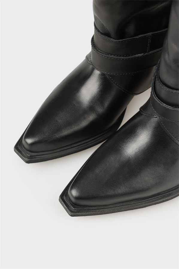 Siyah Deri Kadın Western Çizme