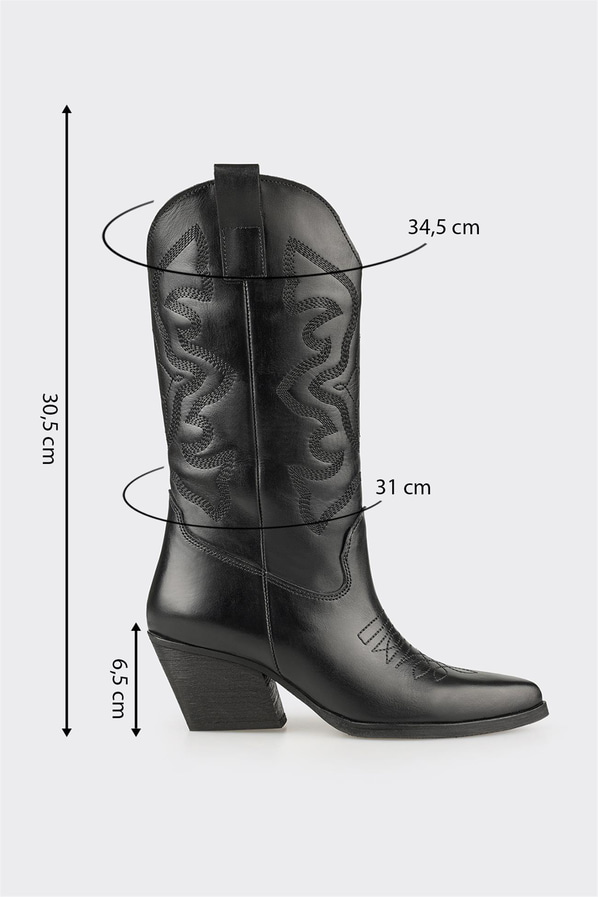 Siyah Deri Kadın Western Çizme