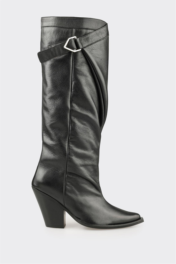 Siyah Deri Kadın Western Çizme