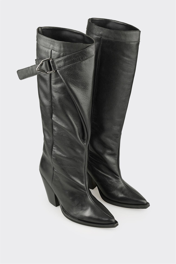 Siyah Deri Kadın Western Çizme