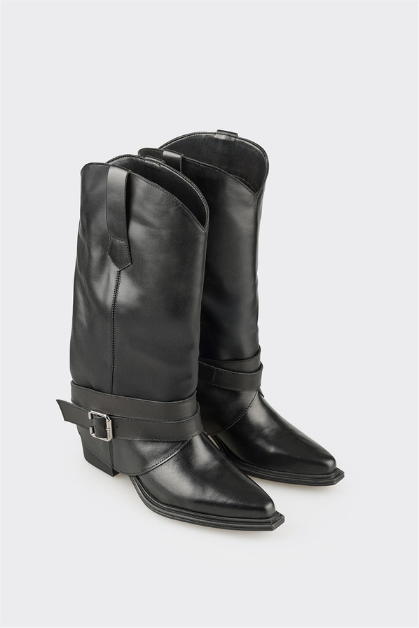 Siyah Deri Kadın Western Çizme