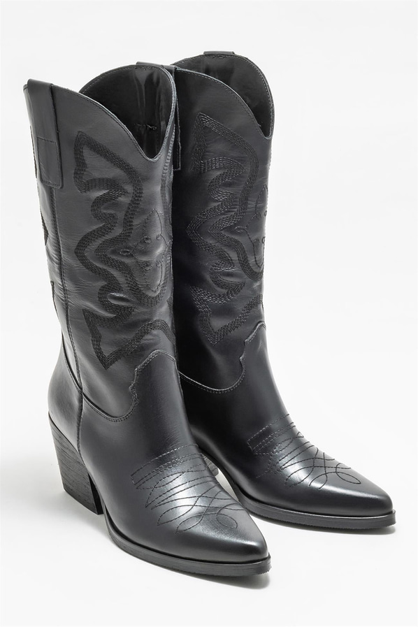 Siyah deri kadın çizme - Elle Shoes