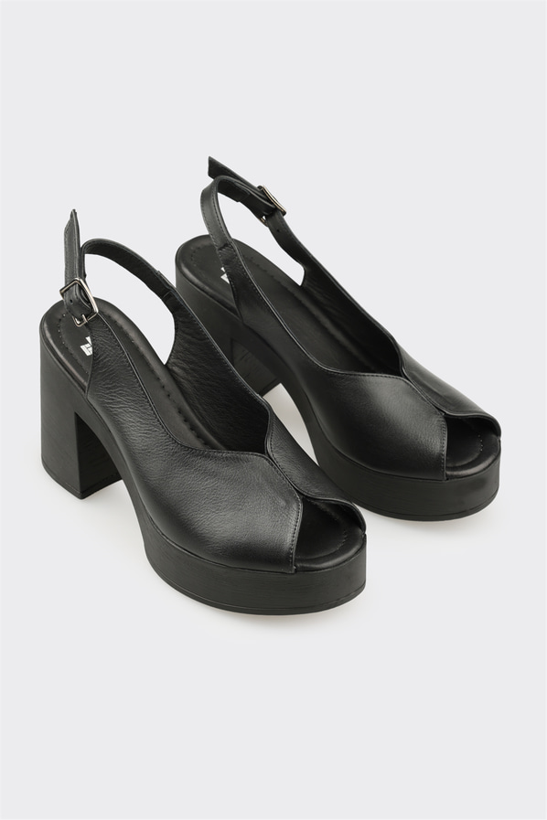 Siyah deri topuklu kadın dolgu sandalet - Elle Shoes