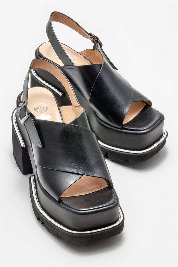 Siyah deri topuklu kadın sandalet - Elle Shoes