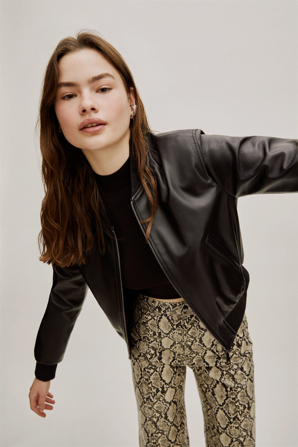 Siyah deri kadın bomber ceket - Elle Shoes