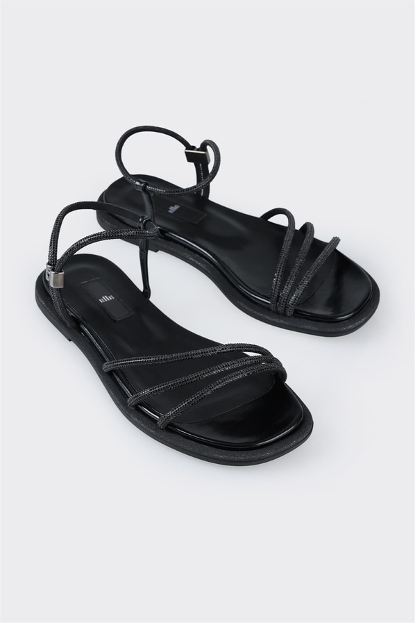 Siyah simli düz kadın sandalet - Elle Shoes