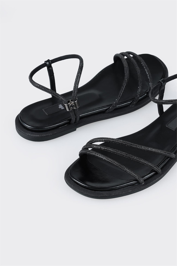 Siyah simli düz kadın sandalet - Elle Shoes