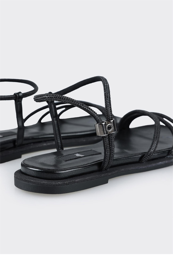 Siyah simli düz kadın sandalet - Elle Shoes