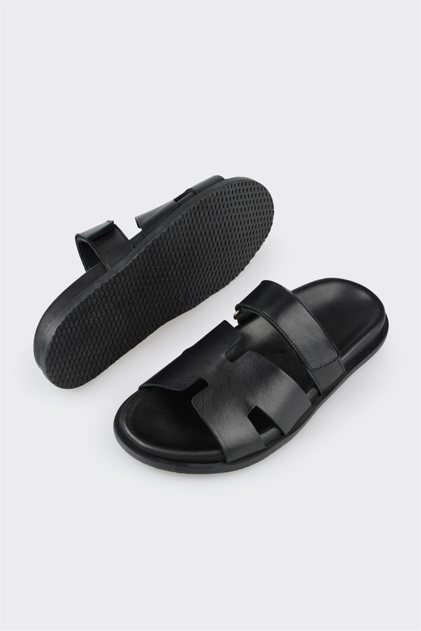 Siyah deri düz kadın terlik - Elle Shoes