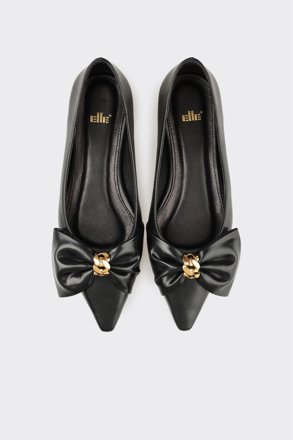 Siyah altın deri sivri burunlu dolgu topuklu kadın günlük ayakkabı, rahat kullanım için - Elle Shoes