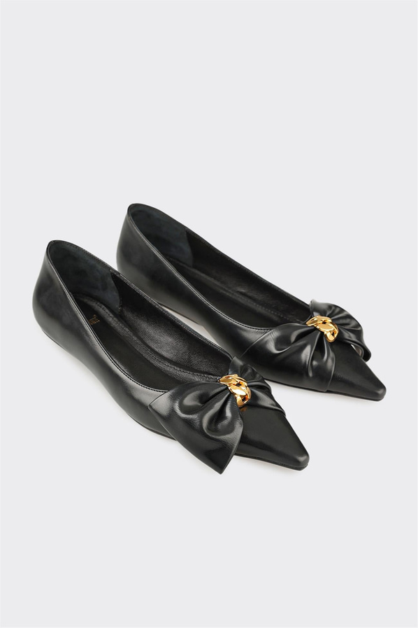 Siyah altın deri sivri burunlu dolgu topuklu kadın günlük ayakkabı, rahat kullanım için - Elle Shoes
