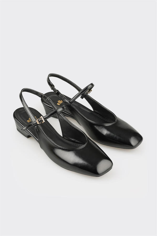 Siyah altın deri tokalı kare burunlu kadın günlük ayakkabı, ofis stili için - Elle Shoes