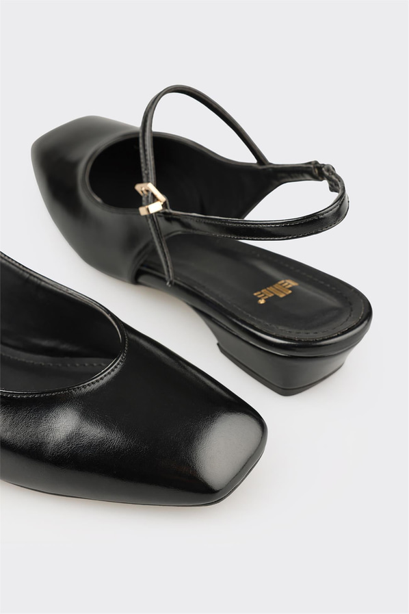 Siyah altın deri tokalı kare burunlu kadın günlük ayakkabı, ofis stili için - Elle Shoes