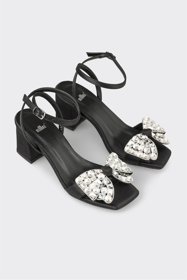 Siyah simli topuklu kadın sandalet, rahat kullanım için - Elle Shoes