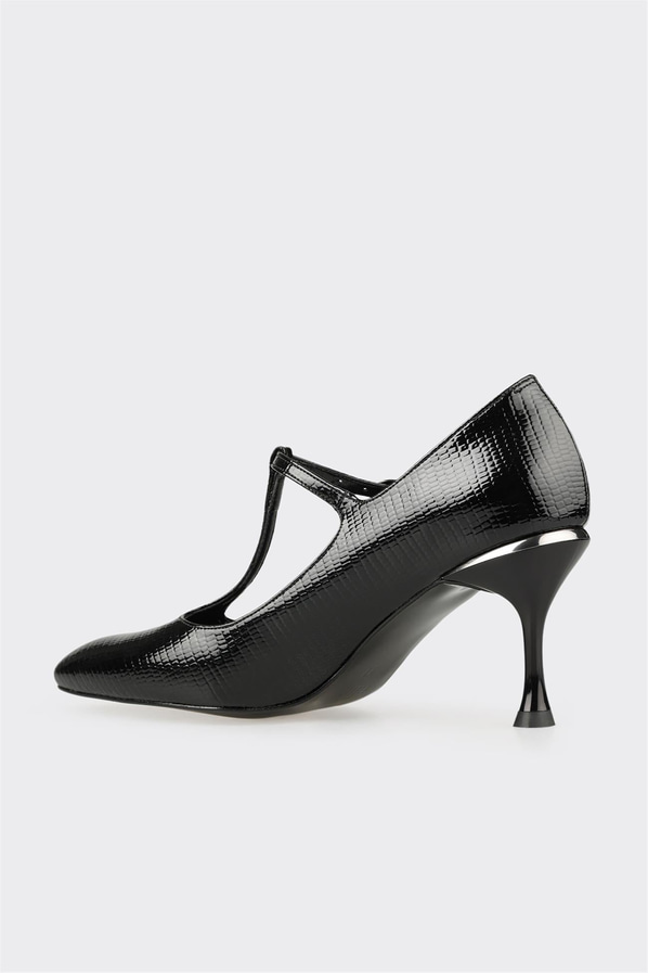 Siyah deri dolgu topuklu kadın ayakkabı, ofis stili için - Elle Shoes