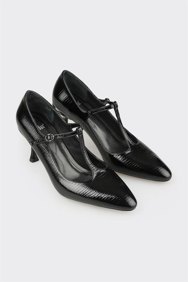 Siyah deri dolgu topuklu kadın ayakkabı, ofis stili için - Elle Shoes