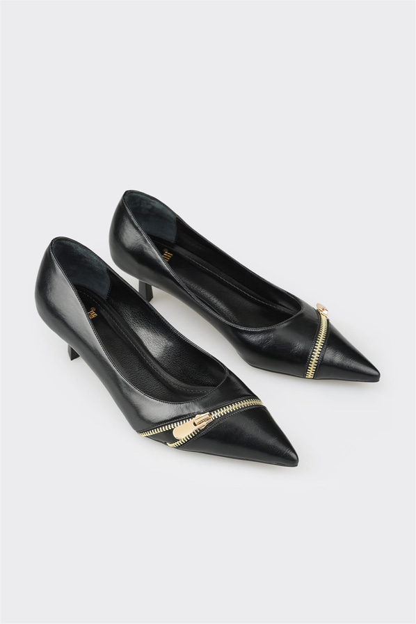 Siyah fermuarlı topuklu kadın ayakkabı - Elle Shoes