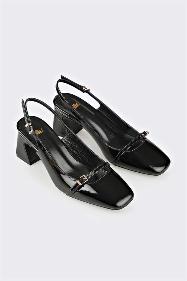 Siyah kalın topuklu kadın ayakkabı, ofis stili için - Elle Shoes