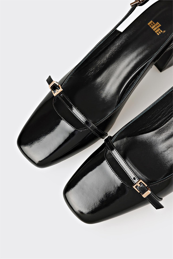 Siyah kalın topuklu kadın ayakkabı, ofis stili için - Elle Shoes