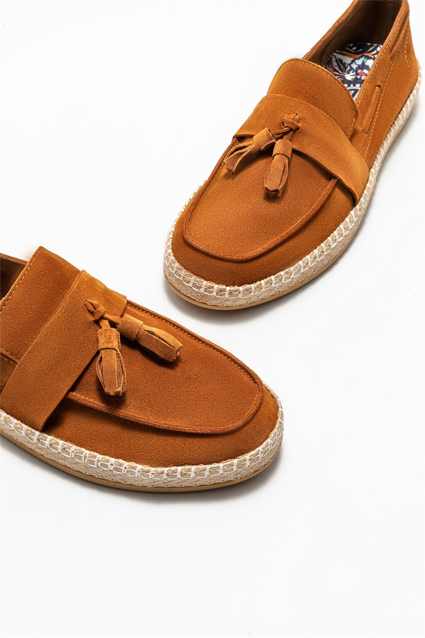 Taba deri ve süet püsküllü erkek espadril, klasik stil için - Elle Shoes