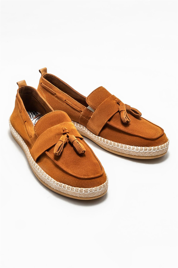 Taba deri ve süet püsküllü erkek espadril, klasik stil için - Elle Shoes