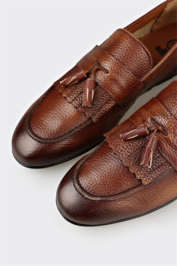Taba deri püsküllü erkek loafer, ofis stili için - Elle Shoes