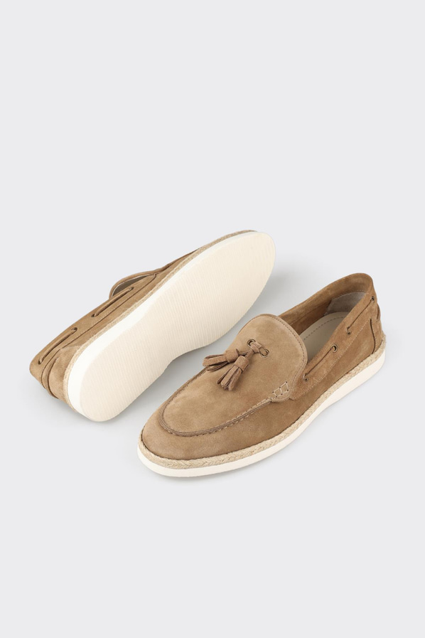 Taba deri ve süet püsküllü hasır dokulu erkek loafer, ofis stili için - Elle Shoes
