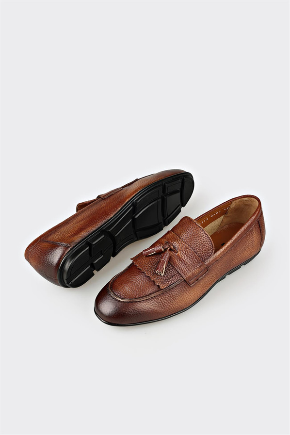 Taba deri püsküllü erkek loafer, ofis stili için - Elle Shoes