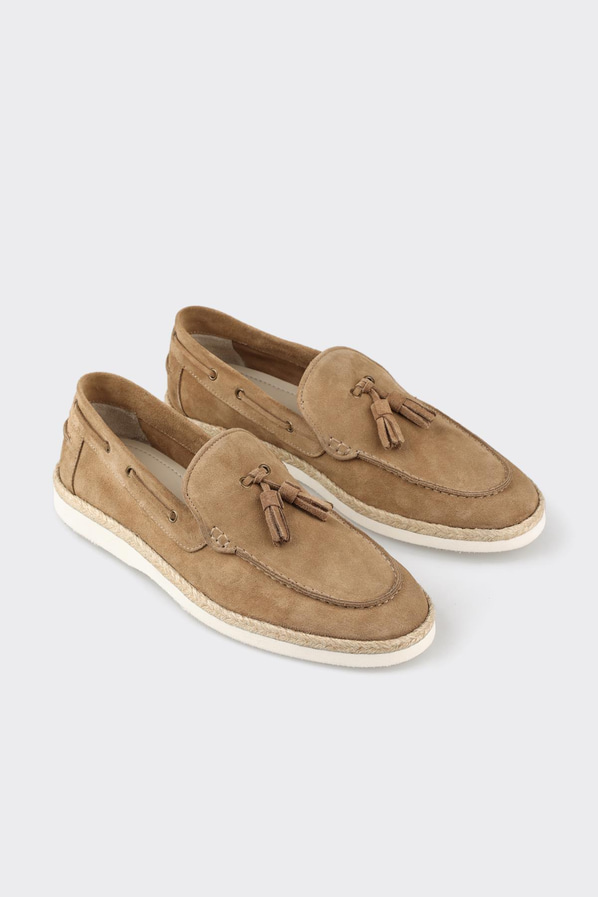 Taba deri ve süet püsküllü hasır dokulu erkek loafer, ofis stili için - Elle Shoes