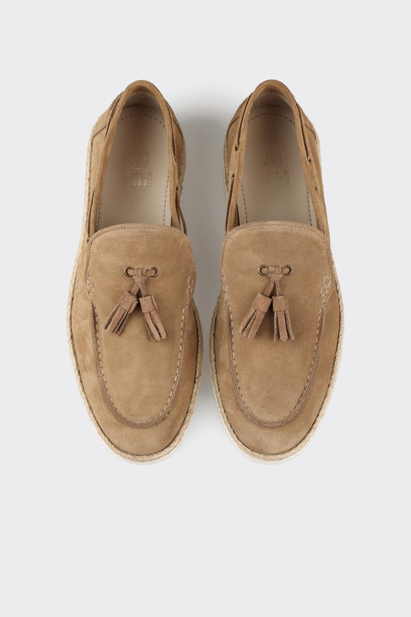 Taba deri ve süet püsküllü hasır dokulu erkek loafer, ofis stili için - Elle Shoes