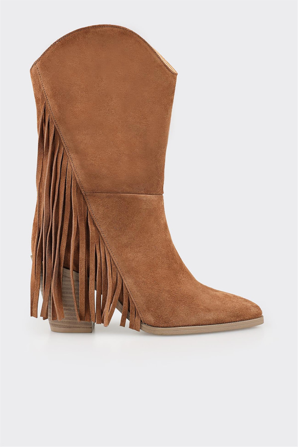Taba deri ve süet püsküllü kadın bot - Elle Shoes