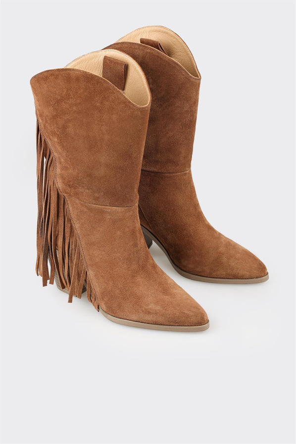 Taba deri ve süet püsküllü kadın bot - Elle Shoes
